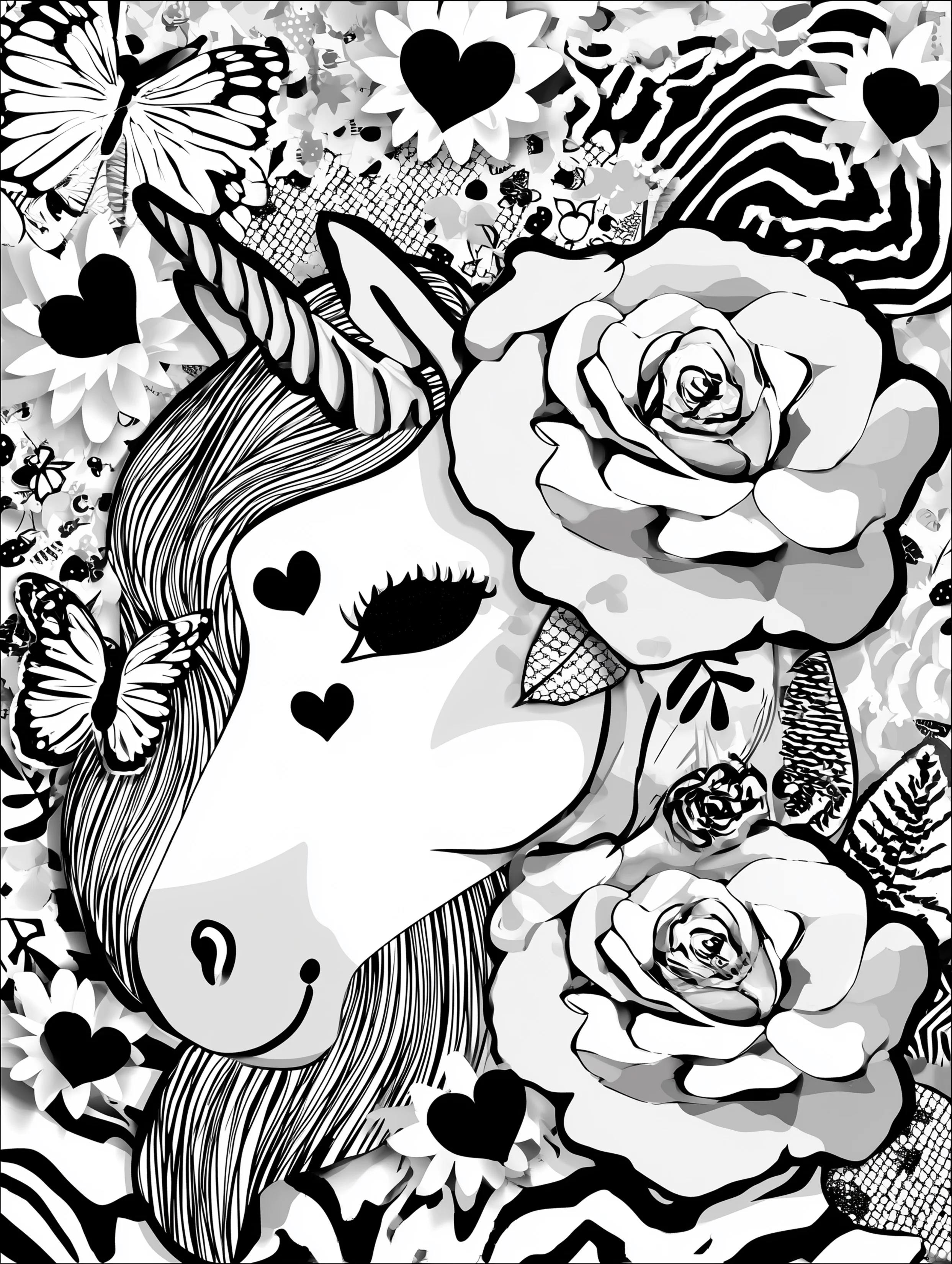 Free printable unicorn coloring page for adults featuring a unicorn with two hearts on its face